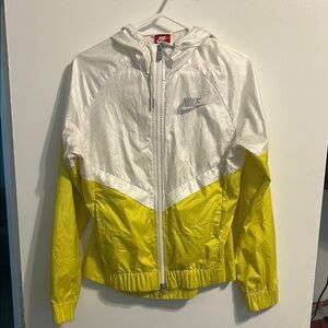 Nike Yellow and White Raincoat with Hood and Chevron Design